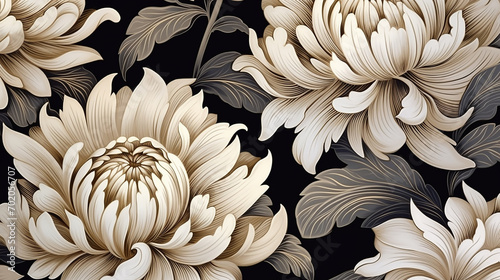 Leinwand Poster vintage luxury seamless floral background with golden dahlia on black background