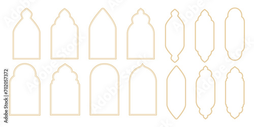 Set Islamic arch frame golden minimal line border isolated on white background. Boho gold muslim door, window decoration.