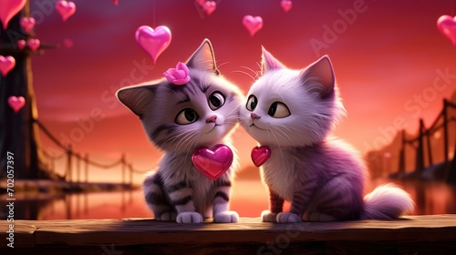 Couple of cat on romantic valentines background. Valentine's day greeting card, in love
