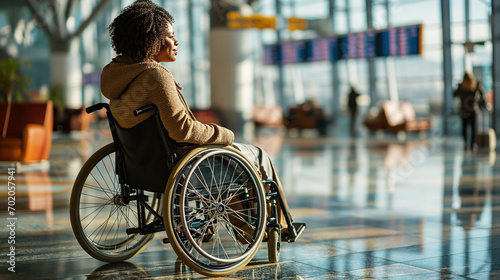 Disabled beautiful satisfied black woman in a wheelchair studying the scoreboard with the flight schedule at the international airport