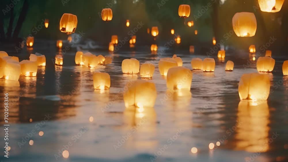 Closeup of the lanterns floating closely together, their collective light creating a serene and peaceful atmosphere on the river.