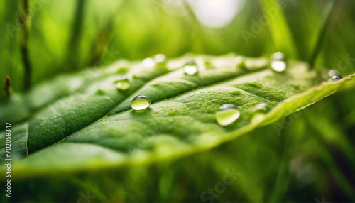 Large beautiful drops of transparent rain water on a green leaf macro. Drops of dew in the morning glow in the sun. Beautiful leaf texture in nature.