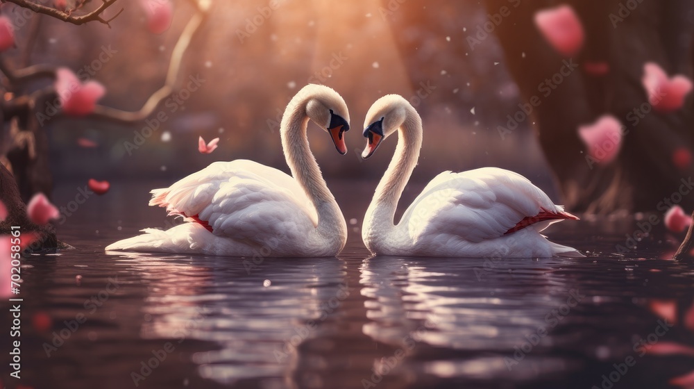 Couple of swan on romantic valentines background. Valentine's day greeting card, in love - obrazy, fototapety, plakaty 