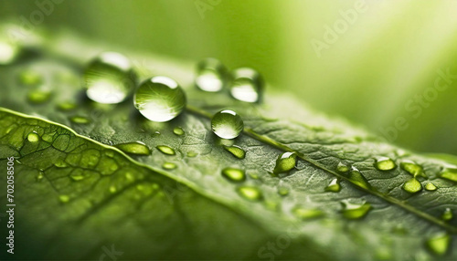 Large beautiful drops of transparent rain water on a green leaf macro. Drops of dew in the morning glow in the sun. Beautiful leaf texture in nature.