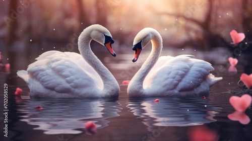 Couple of swan on romantic valentines background. Valentine's day greeting card, in love photo