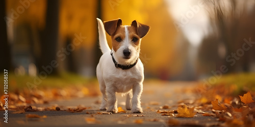 Dog jack Russell terrier runs in autumn leaves, Autumnal Joy Jack Russell Terrier Frolicking in Leaves