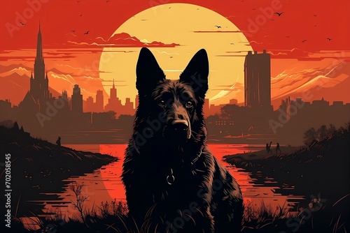 Striking 'ZANDAMOR' headline, a double exposure featuring a German Shepherd with a vivid London skyline at sunset, creating a captivating poster-style artwork.