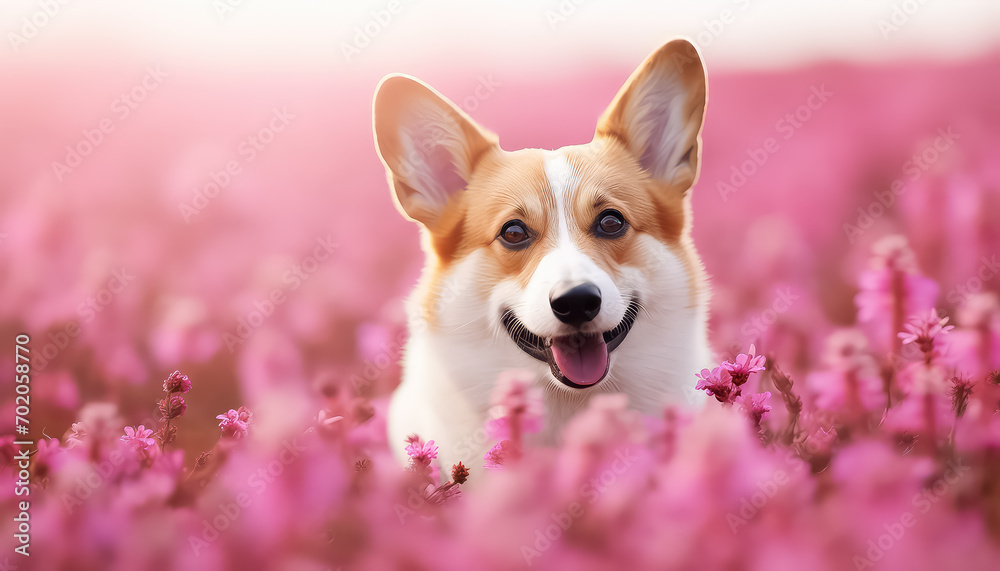 Cheerful corgi dog in field with purple flowers ,spring concept