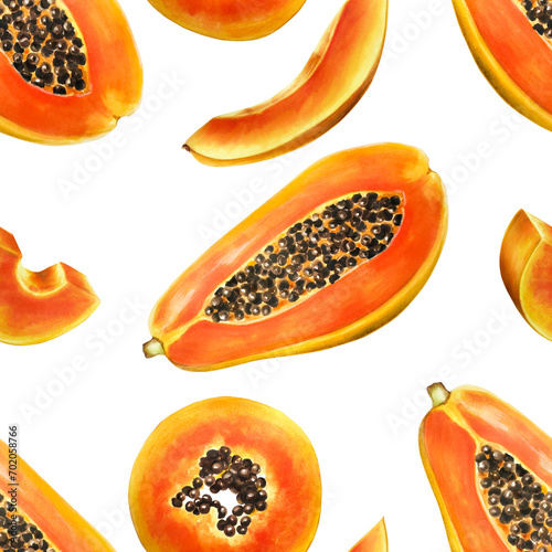 Watercolor sweet ripe seamless pattern with half a papaya and grains. Hand drawn realistic tasty organic illustration of exotic tropical fruit isolated on background. For designers, wedding