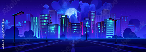 Night city with modern skyscrapers and highway perspective. Vector cartoon illustration of dark town with neon windows, street lights along road, high-rise buildings, moon and clouds in starry sky