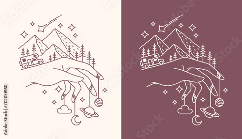 line art. hand and mountain views design