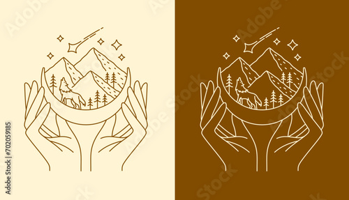 line art. hand and mountain views design
