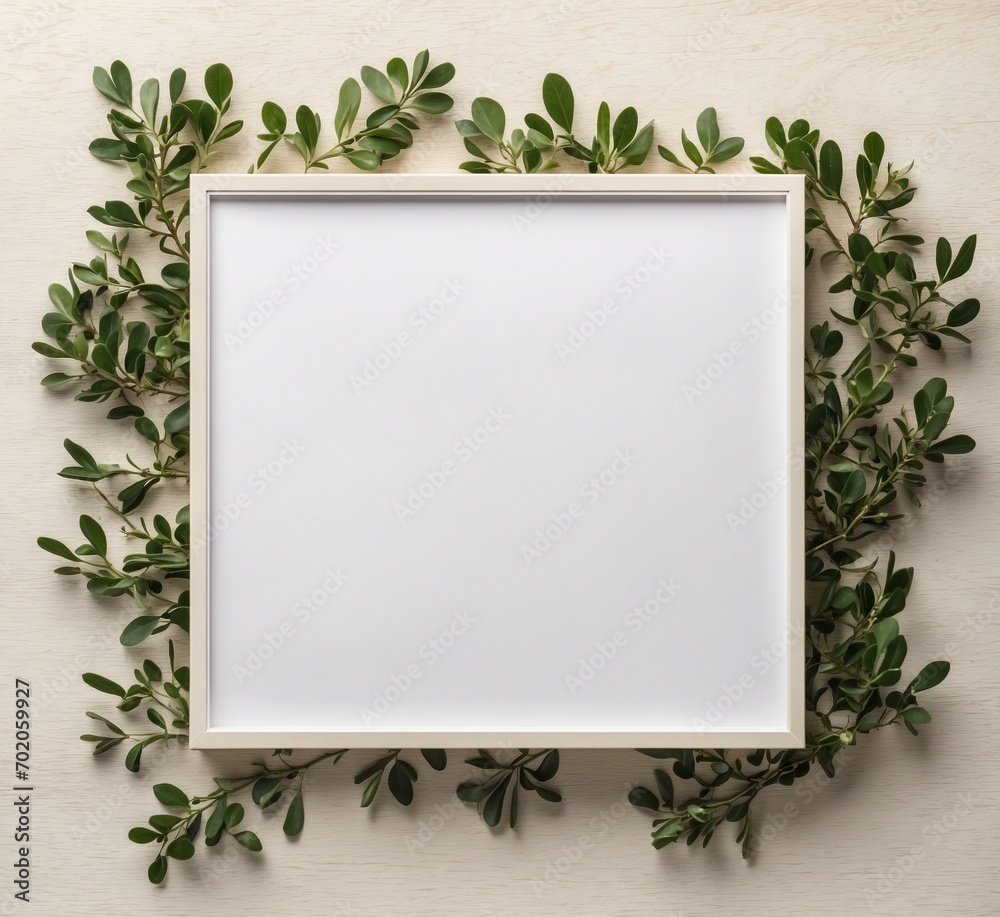White frame with green leaves on a white background. Flat lay, top view. White frame with green leaves on a white background. Flat lay, top view.