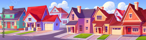Summer suburban landscape with house in row on street with green grass on yards, road and driveway. Cartoon vector illustration of town scenery with neighborhood cottages and blue sky with clouds.