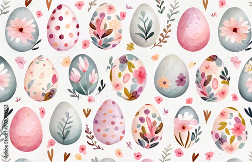 Seamless Floral Easter Egg Pattern in Watercolors with White Background photo