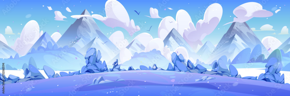 Winter natural snowy landscape with bushes and trees on meadow in foot of high mountains covered with snow. Cartoon vector panoramic cold and frozen scenery with field near hills, blue sky with clouds