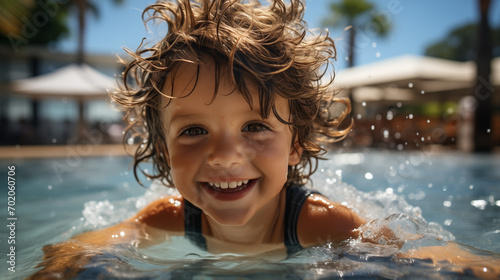 child in the pool, Youngster in the pool. Playing at the hotel pool while on vacation. Vibrant getaway idea