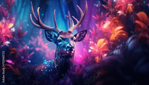 Deer in the Magic Forest in neon color ,spring concept #702060733