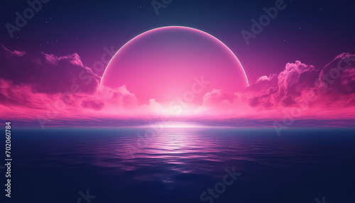 Circle sunset in the water in neon color ,spring concept