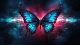 Butterfly on black background in neon color ,spring concept