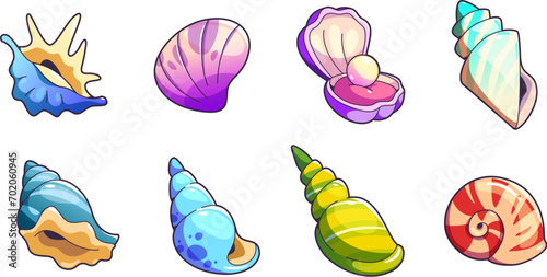 Sea shell and vessels game assets set. Cartoon vector illustration collection of cute marine underwater seashell for rpg gui design. Colorful nautical or aquarium horned, spiral and scallop conch.