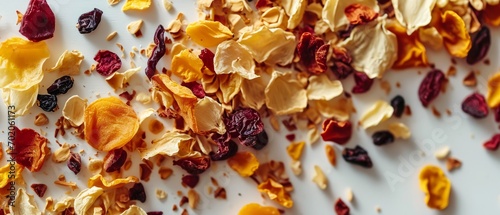 Assorted dried fruits scattered on a natural textured background, perfect for healthy snacking.