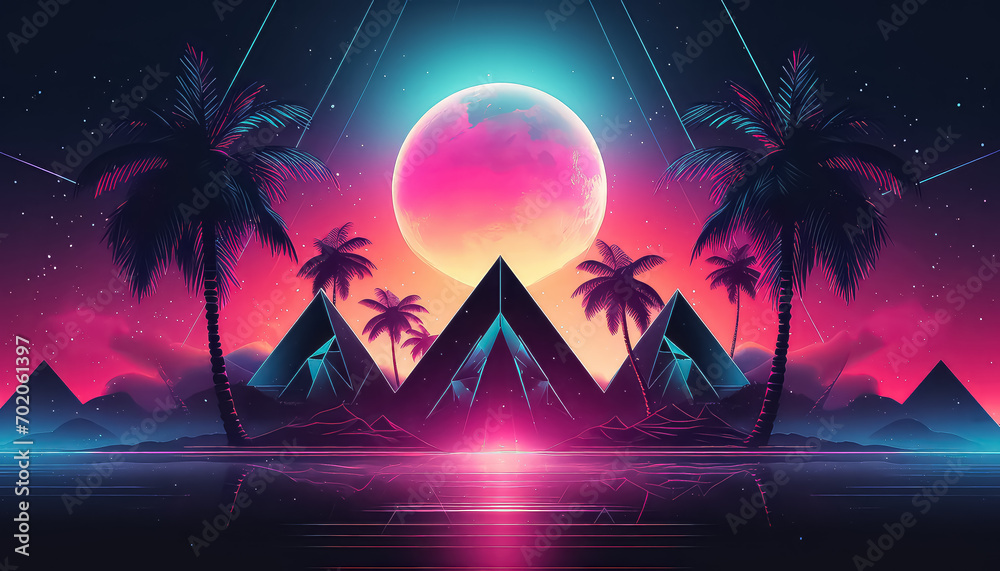 Egyptian pyramids with sun and palm trees in neon color ,spring concept - obrazy, fototapety, plakaty 