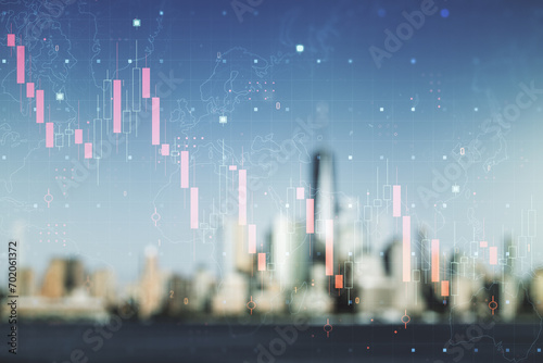 Double exposure of abstract virtual global crisis chart and world map hologram on blurry cityscape background. Financial crisis and recession concept