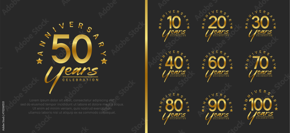 Naklejka premium set of anniversary logo gold color number and golden text on black background for celebration