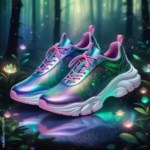 Design sneakers inspired by a magical forest. Encourage the use of iridescent and translucent materials. ai generative