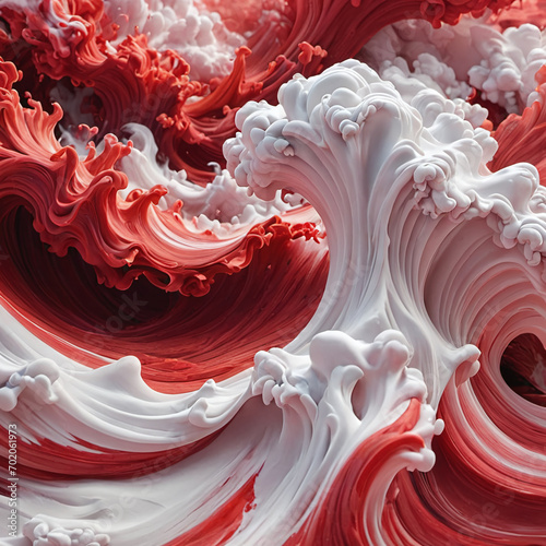 Red White abstract twirl splash ocean seascape. Surface of the 3D sea. Water waves in red and white color style. Nature background. Illustration for, interior design, decor or print.