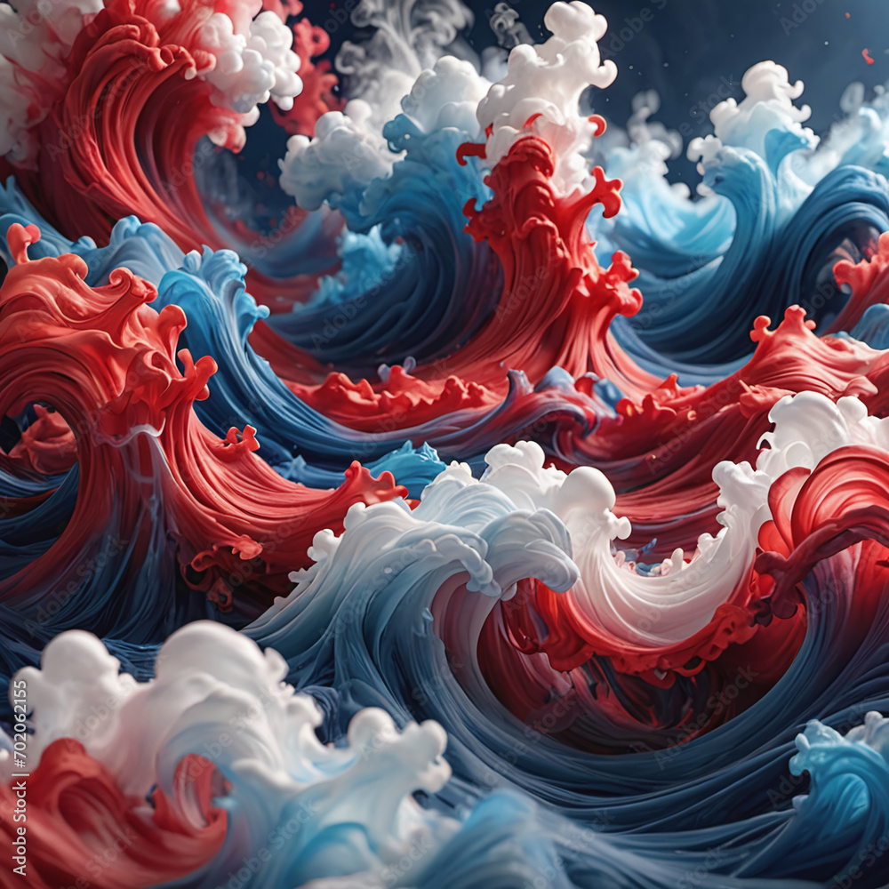 blue red white abstract twirl splash ocean seascape. Surface of the 3D sea. Water waves in blue