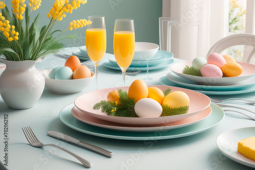 Festive table setting for Easter dinner with mimosa.