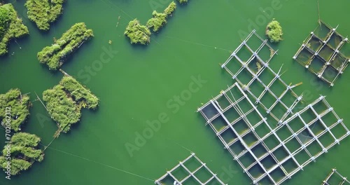 Aerial View of fish and shrimp farms in Lake Kintamani near Mount Batur in Bali, Indonesia. 