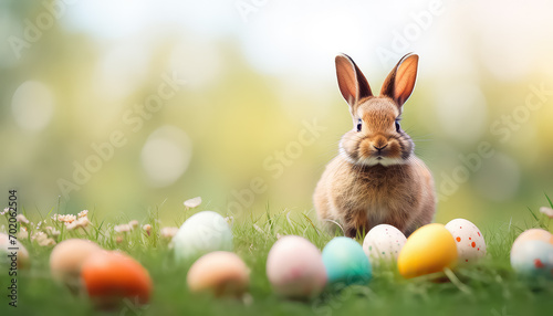 Hare with painted eggs on the field  easter concept