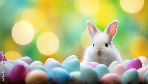 White hare with painted eggs, easter concept