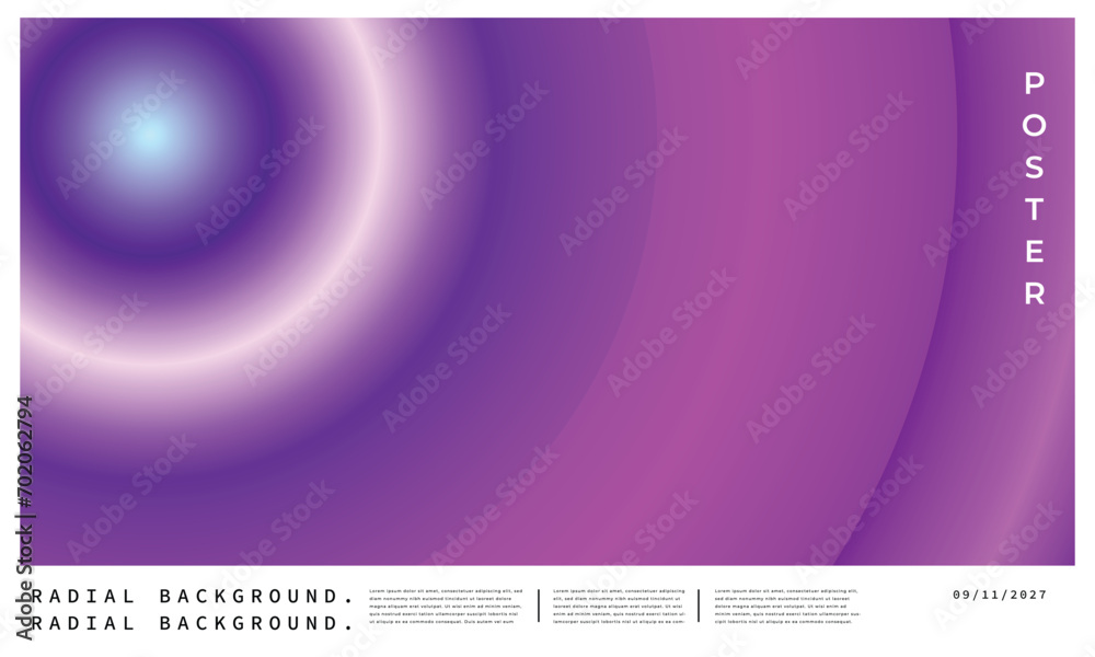 Purple radial gradient poster or banner design. Circular color gradation background template. Modern vibrant backdrop. Rounded light contemporary design.