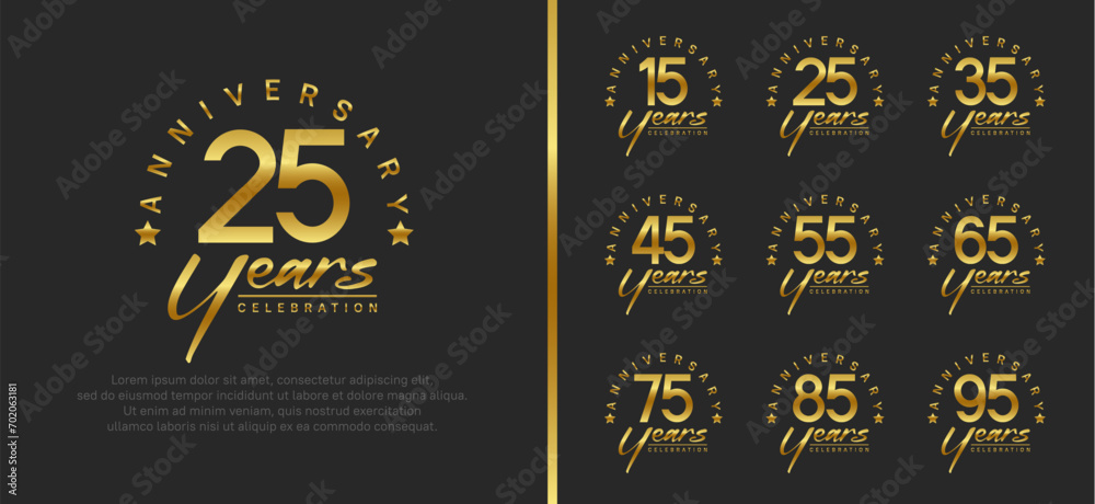 set of anniversary logo gold color number and golden text on black background for celebration - obrazy, fototapety, plakaty 