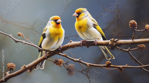 A duo of curious finches perched on a branch, their heads tilted as they observe the world below, their bright eyes filled with curiosity.