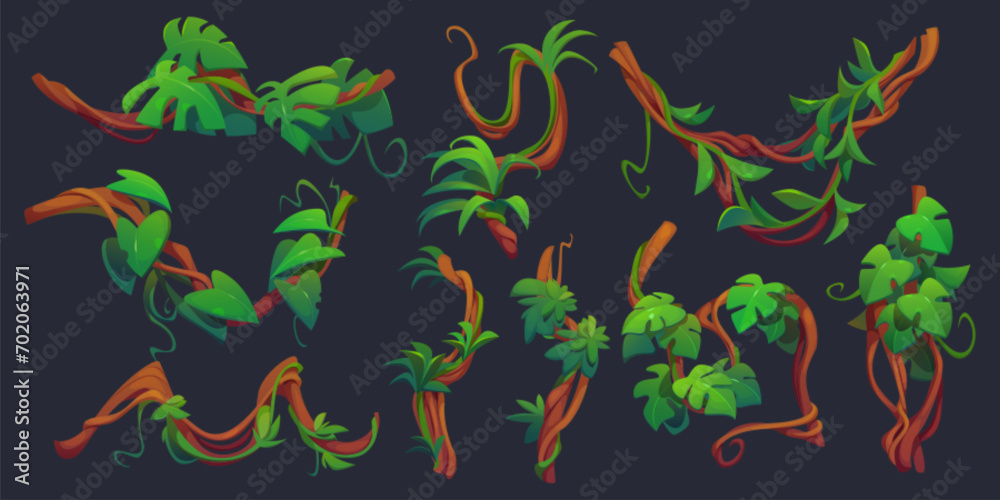 Fototapeta premium Liana branch with green leaf set isolated on black background. Vector cartoon illustration of twisted jungle plant vines with foliage for game design, rainforest tree stems, old root vegetation