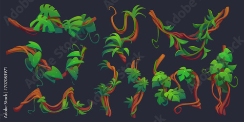 Liana branch with green leaf set isolated on black background. Vector cartoon illustration of twisted jungle plant vines with foliage for game design, rainforest tree stems, old root vegetation
