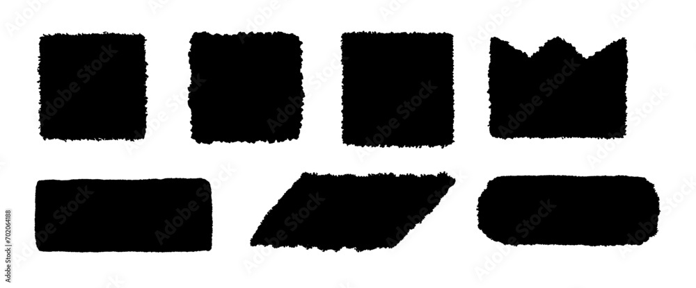Black rectangle form and crown with jagged edges. Ripped rectangular square grunge shape silhouettes set. Textured vector element collection - obrazy, fototapety, plakaty 