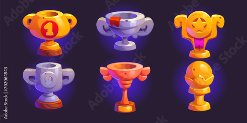 Game award goblet and trophy cup for gui design. Cartoon vector illustration set of silver and golden winner prize with ribbons and star. Championship or competition achievement prize.