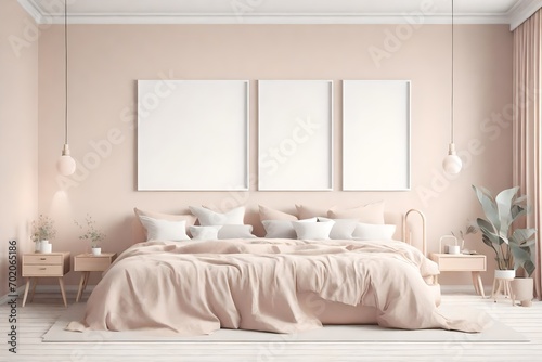 interior of a room with a sofa Side view of large bad with posters and shelves on walls. Bedroom interior. Concept of sleeping. 3d rendering. Mockup.