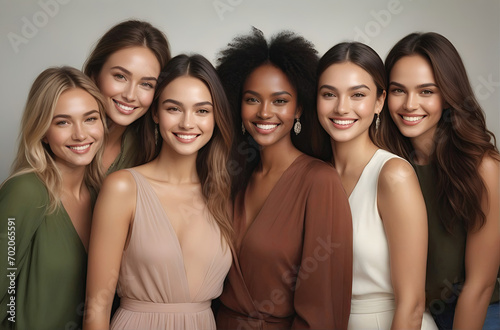 Beautiful young multiethnic women with natural makeup. Advertising for female fashion models, face and body skin care.
