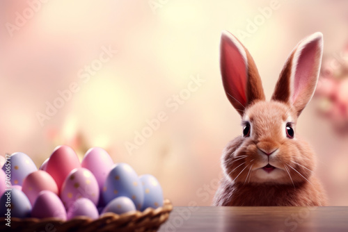 Banner with - Cute Easter Bunny with Baskets full of Colourful Eggs