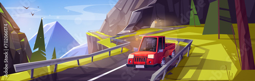 Auto driving curvy mountain road. Vector cartoon illustration of man in car on dangerous winding highway, cliff tunnel arch, rocky landscape with green fir trees, birds flying in blue sunny sky