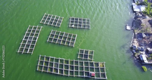 Aerial View of fish and shrimp farms in Lake Kintamani near Mount Batur in Bali, Indonesia. 