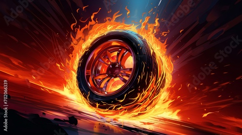 Car wheel illustration with flames 