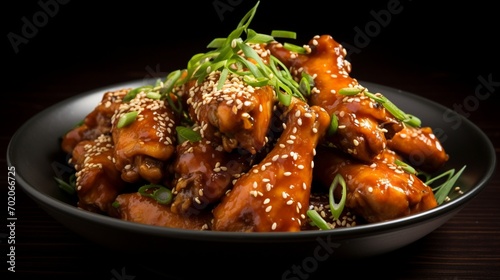 A mouthwatering plate of buffalo wings, glistening with zesty sauce and topped with sesame seeds and chopped green onions, promising a spicy and flavorful delight.
